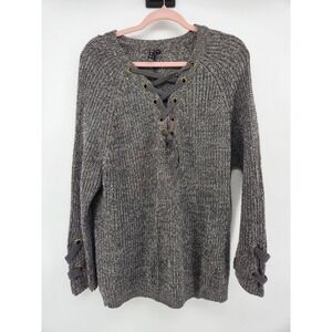 Poof Size 1X Long Sleeve‎ Lightweight Solid Gray Women's Sweater Tie Accents